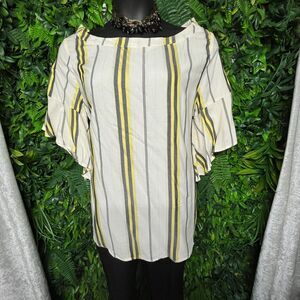 Women Tops 2X Beige Blouse‎ Striped Print Ruffle Sleeve Verxy 1507